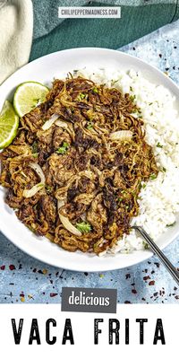 Vaca frita is a traditional Cuban dish made with shredded beef marinated in zesty citrus, then fried with onions until crispy. It’s perfect served with white rice and pairs wonderfully with Cuban Ropa Vieja or tostones on the side!