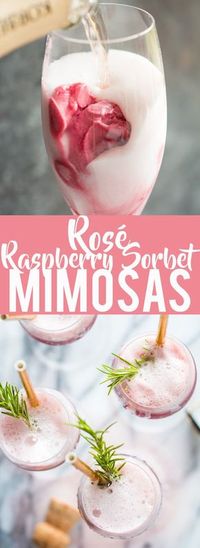 Rosé Raspberry Sorbet Mimosas are a fun cocktail for Mother's Day, bridal showers, brunch or just a girls get together. These girly cocktails are so easy to make and everyone will love them! | Bridal Shower drinks | Mother's Day drinks | Brunch cocktails | easy mimosa | sorbet mimosa | pink drink