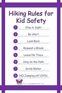 8 simple hiking rules to keep your kids safe. As you plan your hike, always keep safety in mind. These are the rules that we review before every hike with our children. Safe Hiking Tips | Hiking with Kids | Safety Tips when Hiking | Tips for Hiking with Kids | Hiking Essentials | Hiking Kid's Gear | Hiking for Beginners | Hiking Gear for Beginners | Hiking with Toddlers | Hiking with Baby | Hiker Safety | Hiking Animal Safety | Animal Safety for Kids | Hiking Necessities