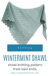 Wintermint Shawl is an asymmetric triangle shawl made of alternating sections of simple lace and even simpler texture. The leaf-like lace pattern has a rhythmically repeating 8-row repeat that's quick to memorize. The lace turns gradually into a textured pattern with vertical blips of stockinette on a reverse-stockinette background. The pattern comes in two sizes and with both written and charted instructions for all stitch patterns. #knitting #knit #lace #shawl #talviknits