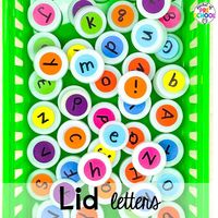 Lid letters for a budget friendly manipulative. DIY letter and number manipulatives that are easy on the budget and a huge hit in the preschool, pre-k, or kindergarten classroom! Fun for an Earth Day or grocery store theme.