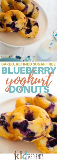 baked blueberry yoghurt donuts, the best sugar free donuts you can bake! Delicious and kid friendly! Great in the lunchbox or even for breakfast, fabulous as afternoon tea. #kidsfood #baked #blueberry #donuts #familyfood #healthyfood #healthykids #lunchbox via @kidgredients