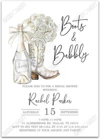 Quickly personalize. Includes matching thank you card.   Host a successful bridal shower starting with this champagne, boots & white roses white invite!   You can edit this product yourself, during and/or after purchase. Print or send as an Evite.  Image watermarks will be removed after purchase.  The dimensions are 5"x7".