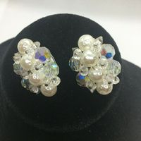 Nashville Estate Cluster Earrings Clear Aurora Borealis Beads & Faux Pearls Clip