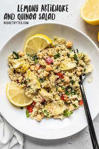 This Lemony Artichoke and Quinoa Salad is a light and refreshing summer salad that holds up well in the refrigerator and is perfect for meal prep! BudgetBytes.com #salad #quinoa