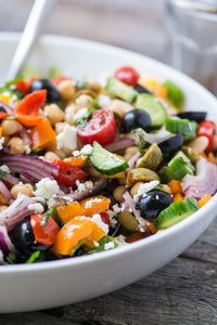 TheViewFromGreatIsland 🫘Rcp1/2: 🥗SALAD Bean Mediterranean 🫒DRESS 🥗SALAD ▪15-oz can Cannellini Bean - drain rinse ▪15-oz can Garbanzo Bean (Chickpea) d/r ▪1 cup Cherry Tomato - halve ▪2 Persian Cucumber sm - halve lengthwise, slice thin (unpeeled) ▪1/4 Red Onion - slice thin ▪1/2 cup Peppadew Pepper - chop rough ▪1/2 cup Black Olive - halve ▪1/2 cup Green Olive Pimento - halve ▪1 cup Bell Pepper assort - dice ▪1/2 cup Feta - crumble ▪1/2 cup Artichoke marinate - chop ▪10 Basil leaf lg - shred