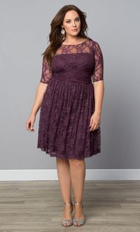 This modest feminine purple lace Luna dress from Kiyonna is absolutely lovely! The lace detailing and illusion neckline add a touch of elegance, making it a perfect choice for as awedding guest, cocktail party or any special occasion. #purpledress #lacedress (Affiliate. I make a small commision at no cost to you.)