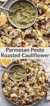 Parmesan Pesto Roasted Cauliflower, perfectly caramelized and coated in pesto giving it a salty, cheesy, herb flavor you won't be able to resist!