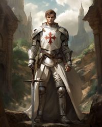 full body portrait, handsome knights Templar, white armor, brown short hair, green eyes, leather Templar boots, sword and shield