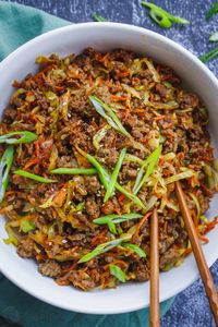 This is the easiest Asian-inspired dinner. The eggroll in a bowl is made with ground meat, vegetables and a light sauce. 