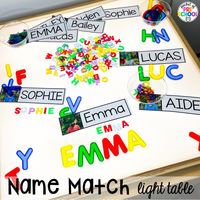 Name match! Literacy light table ideas for preschool, pre-k, and kindergarten. Plus ideas for fine motor development and pre-writing skills.