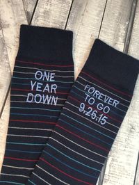 After August 4th, our processing times will be at least 2-3 weeks.  We will not be able to offer any earlier processing and shipping times. Welcome to the SAY IT WITH SOCKS where we specialize in Personalized EMBROIDERED Socks for Special Soles! All socks can be personalized to your custom wishes.  We like to keep the embroidery up to 5 lines and 8 characters per line, however, we do accommodate several longer words on some of our best sellers, i.e., "wedding officiant, significant otter, and Groomsman." So we will do our absolute best to make your sock dreams come true! Please leave us  note in the comment box when you checkout with your personalized embroidery. Socks will come with the "CHEERS TO (however many) YEARS" embroidery on one sock, unless otherwise noted to be something differe