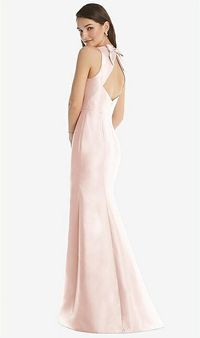 Jewel Neck Bowed Open-back Trumpet Bridesmaid Dress With Front Slit In Blush | The Dessy Group