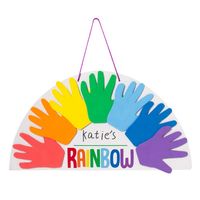 Looking for a fun and unique activity for a group of youngsters? You've got to check out these rainbow sign crafts! Each kit comes with colored paper for kids to trace the shape of their hand on and cut out. Once the shapes are arranged, it creates a beautiful rainbow sign that can be hung in a child's room or fridge. Grab these colorful projects for craft time at school, daycare or home. Includes self-adhesive foam pieces and satin cording. 14 3/4" x 8" Makes 12. All craft kit pieces are pre-pa