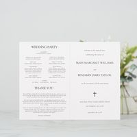 This simple, yet elegant, folded Catholic wedding ceremony with mass program booklet features a cross and a stylish serif font. The neutral, classic, black and white, typography design provides you with a text template for a traditional Catholic order of service with mass. There is plenty of room to include all your Catholic wedding mass details, such as the names of the people in your Wedding Party, the Liturgy of the Word, the Rite of Marriage, the Liturgy of the Eucharist and the Concluding Rites. Change the text using the template fields to add your ceremony and wedding party information, and then click "Customize It" to reposition items if needed. The template is a guide only to show the layout of the wedding program. You should not print it as is without customizing the text for your