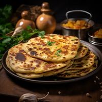 Indulge in the heartiness of our Aloo Paratha, a beloved North Indian classic that transcends every mealtime boundary. Soft whole wheat flatbreads embrace a scrumptious filling of mashed potatoes, fragrant spices, and aromatic herbs. This wholesome creation, kissed with the warmth of ginger and cumin, is a delightful dance of textures and flavors. Perfectly golden and irresistibly crispy, each bite takes you on a journey through the comforting landscapes of Indian cuisine. Serve with a dollop of yogurt or your favorite chutney for a satisfying, anytime feast.