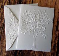 This listing is for 5 white embossed Fall Tree cards and 5 white envelopes with embossed flaps. Card Size: Standard A2; 4.25 x 5.5. Card Base: White Neenah 110 lb. Cardstock. I used a paper trimmer, scoring board and bone folder to create each folded card base. Card Front: I placed the front of