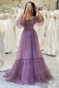 Amzcw Purple A-Line Square Neck Corset Prom Dress with Half Sleeves – Amzcw Dress