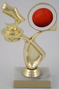 Full colored kickball on a white disc in holder with foot trophy figure. Genuine marble base and solid gold aluminum plate for engraving. Approximate height is 7.5" From a professional player to a gym class player everyone will love this kickball trophy.