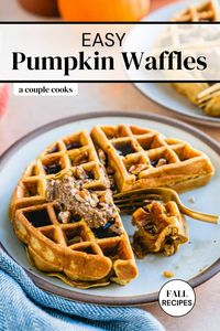 Pumpkin waffles are perfect for fall! They're lightly spiced and made with real pumpkin puree for a cozy special breakfast. #pumpkin #waffles #pumpkinwaffles #wafflesrecipe #fallbreakfast #fall #pumpkinrecipe