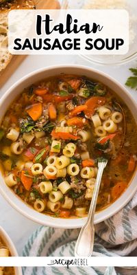 The BEST Italian Sausage Soup! It will become one of your favorite fall comfort food for dinner. Loaded with Italian pork sausage, veggies, pasta, and more, this fall soup recipe is hearty and flavorful!