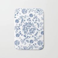 Botanicals in a circles. ferns, garden, leaf, botanic, white, blue, boho, white-blue. Bath Mat