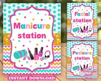 INSTANT DOWNLOAD / Spa / Sleepover / Sleep over / Manicure / Pedicure / Facial / Sign / Party / Pink / teal / gold / birthday / table /WSpa2