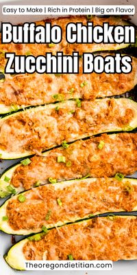 Looking for new dinner ideas? Try my Buffalo Chicken Zucchini Boats. Tender roasted zucchini are stuffed with creamy and spicy chicken, and topped with cheese. The creamy buffalo chicken filling is easy to make, rich in protein, and big on flavor. This flavorful and satisfying dinner recipe will become a new family favorite. #dinnerideas #buffalochicken #healthyrecipes #chickenrecipes #easymeals