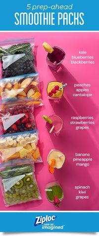 These 5 simple smoothie recipes can be prepped ahead for easy breakfasts and snacks. Store fruits and vegetables in Ziploc® freezer bags to block out air and lock in freshness for fast smoothies when you’re short on time. For healthy smoothie packs, mix colorful ingredients like strawberries, raspberries, yogurt, juice, peaches, grapes, pineapple, mango, kiwi, spinach, blueberries, blackberries and kale. Or get creative and make your own DIY freezer smoothie kit recipes.