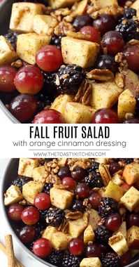 This fall fruit salad is filled with fresh apples, blackberries, grapes, and pecans. Drizzled with a homemade cinnamon orange dressing that packs tons of fall flavor!