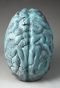 This ceramic brain sculpture is stoneware with a blue-green crawl. The brain measures 7 ½ inches long, 5 inches wide, and 2 inches high.  It is ready to be a centerpiece on a table for discussion by visitors.   It has copper coated wire to hang on the wall.