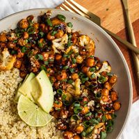 Vegan Hot Honey Cauliflower and Chickpeas - Avocado Skillet