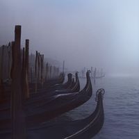 An aesthetic photograph of several boats on an ominous, foggy river.