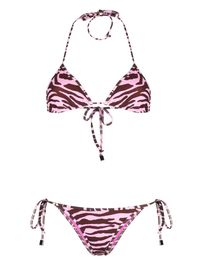 light pink zebra print stretch-design triangle cup halterneck tie fastening rear tie fastening low-rise side tie fastening Be mindful to try on swimwear over your own garments.