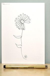 Original Continuous One Line Drawing Daisy Flower. A5 148 x