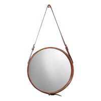 This gorgeous wall mirror brings the natural allure of rugged buff leather cowhide into your home as the frame and hanging strap of this fantastic wall mirror. The non-adjustable strap hangs from an included brass knob, a wonderful finishing detail. All Sales Final