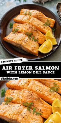 This air fryer salmon comes together in less than 10 minutes. Easy, hassle free way of cooking the fish, which gives you enough time to make a delicious lemon dill sauce!