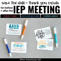 Use these printable cards to remind parents and other IEP team members of upcoming IEP meetings, and then send a quick thank you after the IEP meeting.