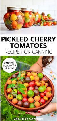 Discover Homemade Pickling Recipes for Canning with pickled cherry tomatoes recipe for canning. These delicious tomatoes are perfect for salads, pasta dishes, or snacking. Made with white wine vinegar, water, pickling salt, garlic, rosemary, and thyme. Follow this easy canning recipe to enjoy them year-round. Find more canning fruit recipes, preserving fruit in jars, and preserving cherry tomatoes at creativecanning.com.