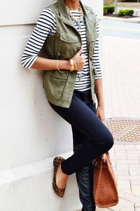 J.Crew green utility vest, striped shirt, black pants, statement necklace - Spark More