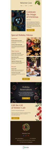 Christmas email template "Celebrate the magic of Christmas" for restaurants industry. Create professional, responsive emails fast with no coding skills. Follow us on Pinterest for more inspiration and tips. 🤗 #christmas #newyear #stripoemail #emailnewsletter #emailtemplatedesign #emaildesigninspiration #emailmarketingdesign