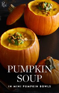 Pumpkin Soup in Mini Pumpkin Bowls #purewow #dinner #food #cooking #soup #fall #recipe