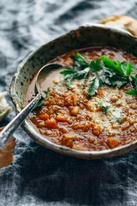 Instant Pot Minestrone Soup! Thick + chunky with veggies, garlic, beans, pesto, tomato sauce. Topped with Parm and served with bread. Easily made vegan. | pinchofyum.com