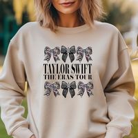 The most perfect gift for any Swiftie in your life, bonus points because it is the trendy Coquette design. Black bows with eras tour image bows as well. Pick from a T-shirt or a sweatshirt. They are both true to size. T-shirt is semi fitted fit so order up if you want a looser fit. For the sweatshirt order up one size for looser fit and 2 sizes for trendy oversized look.