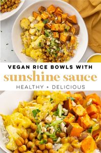 These healthy vegan rice bowls are brimming with delicious roasted veggies and chickpeas, and topped with a luscious and bright lemon-turmeric sunshine sauce. | mindful avocado #veganricebowls #ricebowlrecipe #healthyricebowls #easyricebowls #ricebowlsauce #mindfulavocado