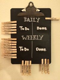 Even grown ups need a chore chart! Daily and weekly chalkboard chore chart for married couples. DIY with chalkboard paint and pens, an old clipboard, and some clothes pins.