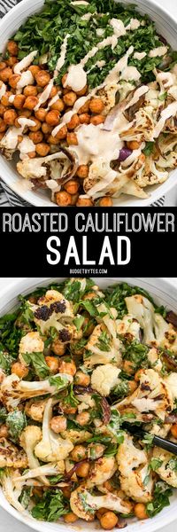 This Roasted Cauliflower Salad combines sweet roasted red onions, spiced chickpeas, tender cauliflower, and a tangy lemon tahini dressing. BudgetBytes.com