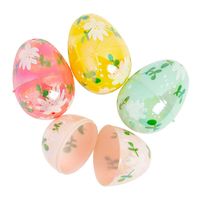 These beautiful Easter eggs will make your event and yard, shine! These Easter eggs feature a floral and iridescent design and come in four assorted colors of yellow, green, pink and light pink. These supplies are perfect for Easter egg hunts and Easter baskets. Simply fill with tasty candy or small novelty and toys from this website! Plastic. (4 dozen per unit) 2 1/2"