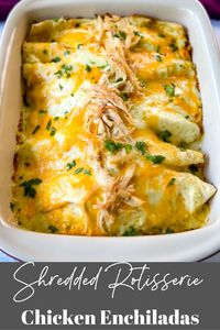 Check out the ultimate shortcut to incredible shredded chicken enchiladas! This mouthwatering recipe features the convenience of store-bought rotisserie chicken, transforming it into a delectable filling bursting with flavor. With tender and juicy shredded chicken, smothered in a white savory sauce and topped with melted cheese, these are a time-saving solution that does not compromise on taste. 