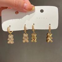 Lovely Bear Earrings for Girls Korean Cute Gold and Silver Color Copper Bears Pendant Hoop Earrings